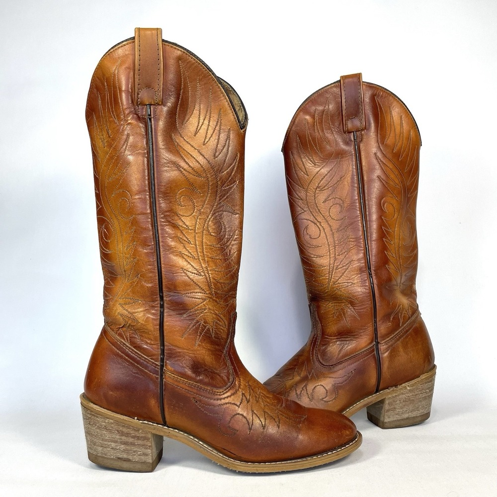 Vintage Acme Womens 6.5 Cognac Leather Cowboy Boots Western Stitched Tall